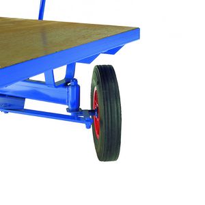 Turns in a small radius all wheel steer Deck 2500mm x 1250mm with deck height of 720mm (575 with solid wheels).Fully welded steel chasis with flat bed flush ply decks and 35mm tow eye. Rear hitch and pin.  3000kg Capacity. Pneumatic and solid wheels... Ackerman 4 wheel steer tug trailers  tight turning circle  forklifts tow tractor trains