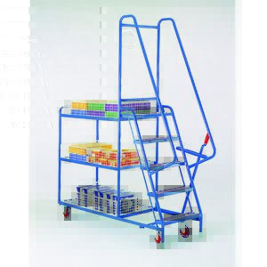5 Step ladder trolley with 3 Mesh Baskets Order picking trolleys shelves tiered shelf with ladder steps S199 