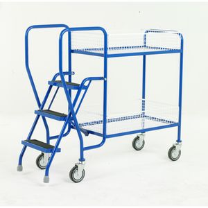 2 Tier basket picking trolley with 3 steps 125Kg Order picking trolleys shelves tiered shelf with ladder steps 511S186 