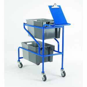 CT07 940mmH x 440mmW x 1180mmL. Carries two 50ltr containers (containers not included). Welded tubular steel construction.4 125mm castors with grey non-marking tyres. Blue epoxy finish. Welded clipboard available(T07)....