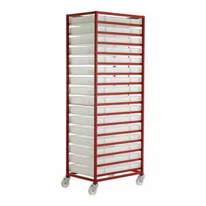 Mobile tray rack 2000mmH with 16 plastic container Production trolleys for picking containers, Euro container trolley 506CT316 