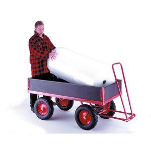 521TR341P Deck 1200mm x 600mm with deck height 450mm. Pull by hand turntable trailers with black textured, anti-slip deck surface and 200mm high removable phenolic ends and sides.  500kg Capacity. Pneumatic and solid wheels available, pneumatic prices given....