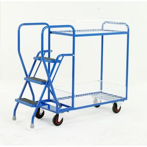 2 Tier basket picking trolley with 3 steps 175Kg Order picking trolleys shelves tiered shelf with ladder steps 511S197 
