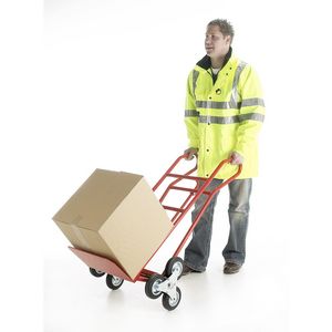 504SM28 Star-wheel locking sack truck 200kg  Overall size: 1190H x 590mmW,  Toe size: 420L x 215mmW.  Locking device which locks the star-wheel system, turning the stairclimber into a sack truck.  Loop handles, tubular steel.  Can be used on rough ground....