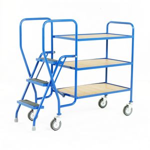 3 Tier Trolley - Plywood Shelves & 3 tread steps 125Kg Order picking trolleys shelves tiered shelf with ladder steps 511S183 