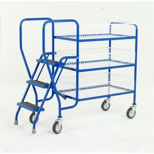 3 Tier basket picking trolley with 3 steps 125Kg Order picking trolleys shelves tiered shelf with ladder steps 511S187 