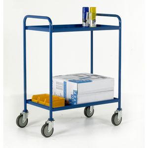 507TT72 1065mmH. Tray size760mmL x 457mmW removable and reversible blue epoxy steel trays for flush or recessed fitting mfitted at 245mm and 945mm, with grey non marking tyres. 150kg capacity....