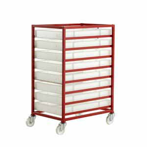 Mobile tray rack 1120mmH with 8 plastic containers Production trolleys for picking containers, Euro container trolley 506CT308 